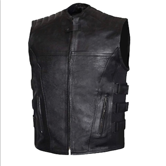 Swat Style Leather Vest Men Perforated Motorcycle Tactical Black Concealed Carry - Picture 3 of 5